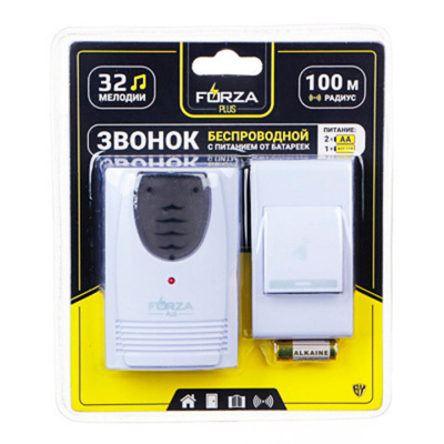 Звонок беспроводной FORZA, 32 мелодии, 3.0VDC(2x1.5VAA), ZV001 (924-042)