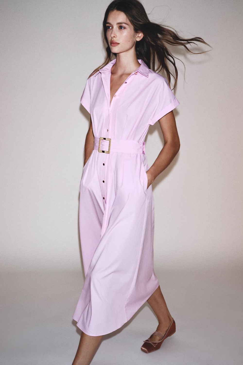 ZARA ПЛАТЬЕ-МИДИ ИЗ ПОПЛИНА С РЕМНЕМ, РОЗОВЫЙ