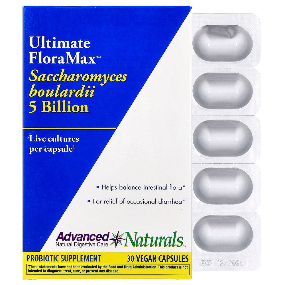 Advanced Naturals, Ultimate FloraMax™, сахаромицеты Буларди, 5 млрд, 30 веганских капсул