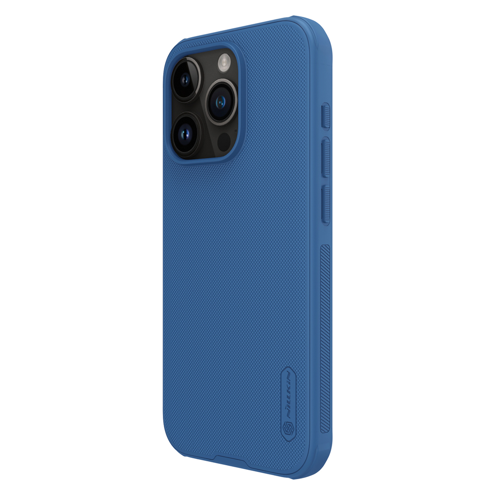 Усиленный чехол синего цвета от Nillkin c поддержкой зарядки MagSafe для iPhone 15 Pro, серия Super Frosted Shield Pro Magnetic Case