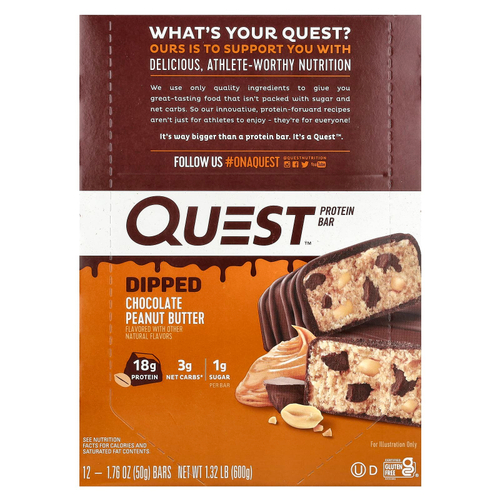 Quest Nutrition, протеиновый батончик, шоколад с арахисовой пастой в глазури, 12 шт. по 50 г (1,76 унции)
