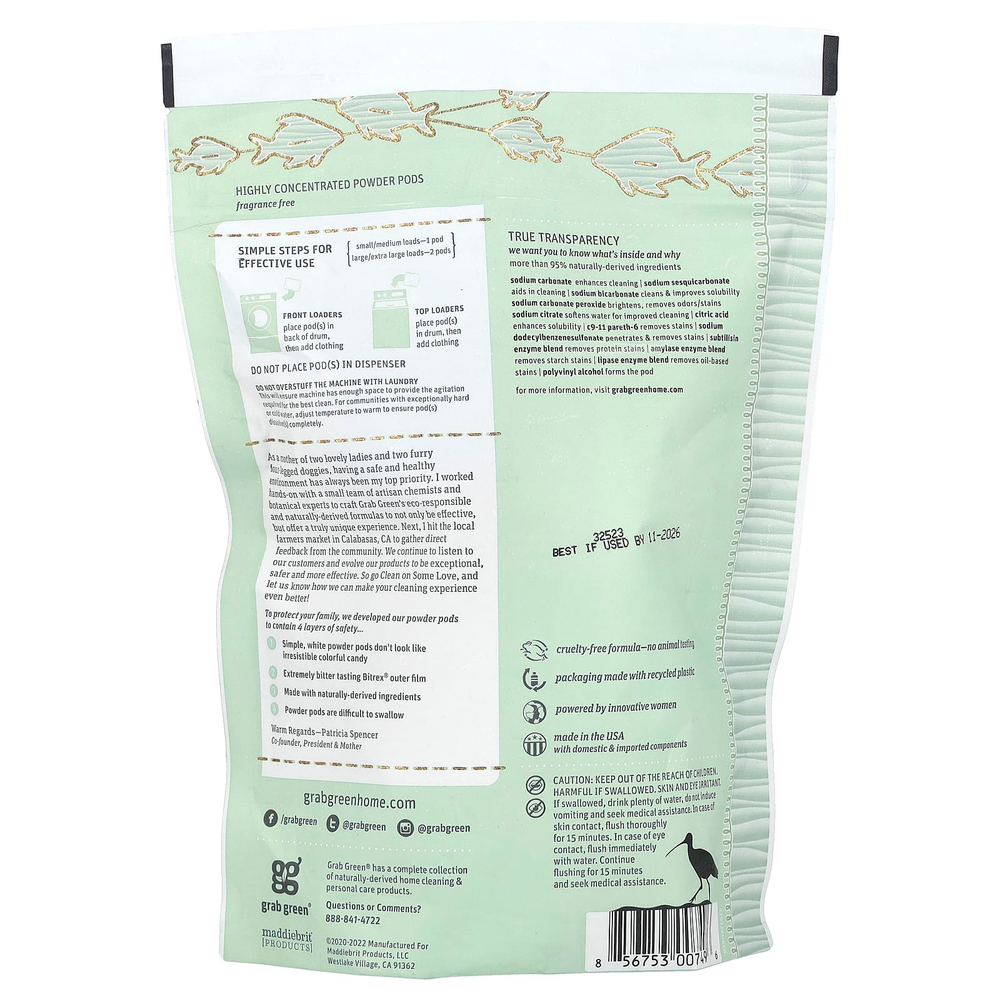 Grab Green, капсулы для стирки новорожденных, для детей 0–4 месяцев, без отдушек, 30 загрузок, 480 г (1,05 фунта)