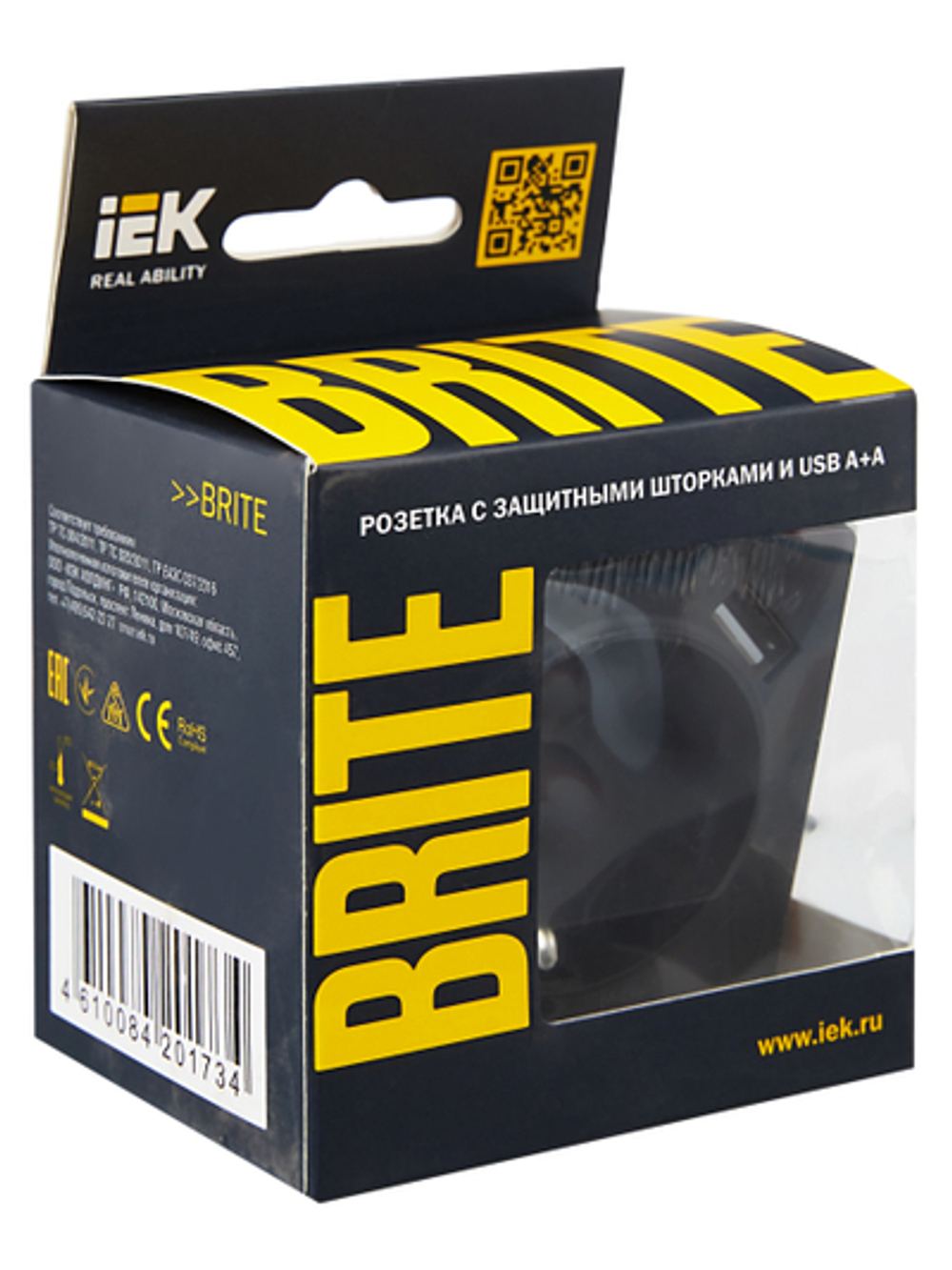 BRITE Розетка 1-местная с заземлением с защитными шторками 16А с USB A+A 5В 2,1А РЮш10-1-БрГ графит IEK