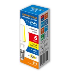 LED-C35-6W-3000K-E14-CL-DIM-SLF Лампа светодиодная. диммируемая. Форма свеча. прозрачная. Теплый белый свет 3000K. ТМ Volpe