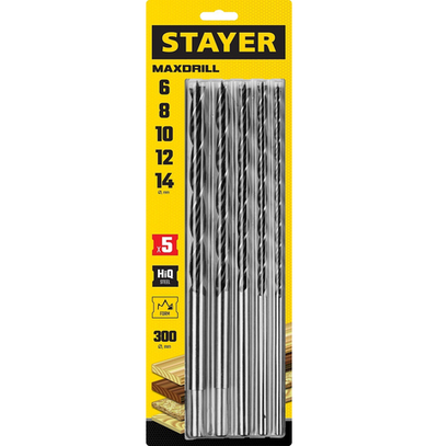 STAYER Maxdrill, 5 шт: 6-8-10-12-14 х 300 мм, набор сверл спиральных по дереву (2943-300-H5)