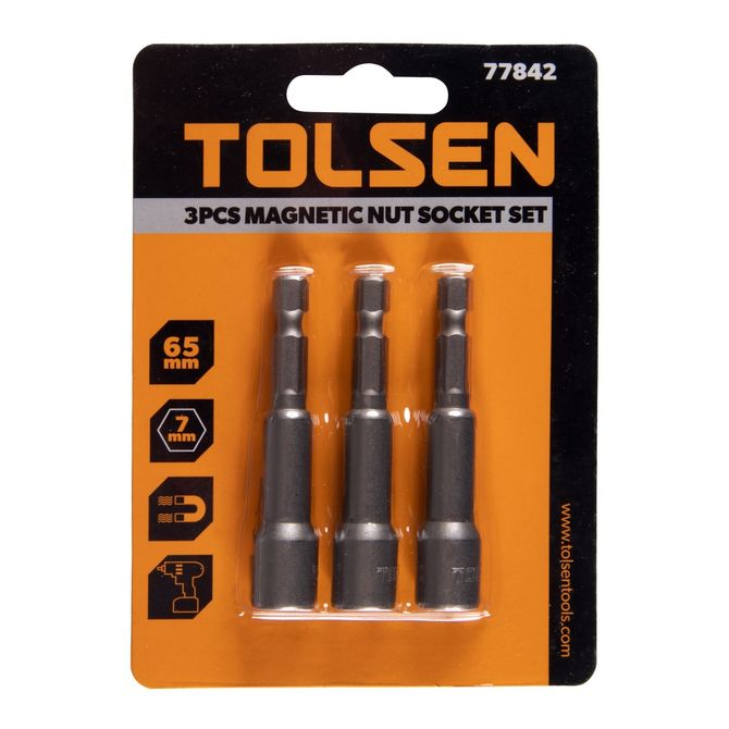 TOLSEN (TT77842) Набор головок для шуруповерта шестигранных 1/4", 7 мм, 65 мм, магнитных, 3 предмета