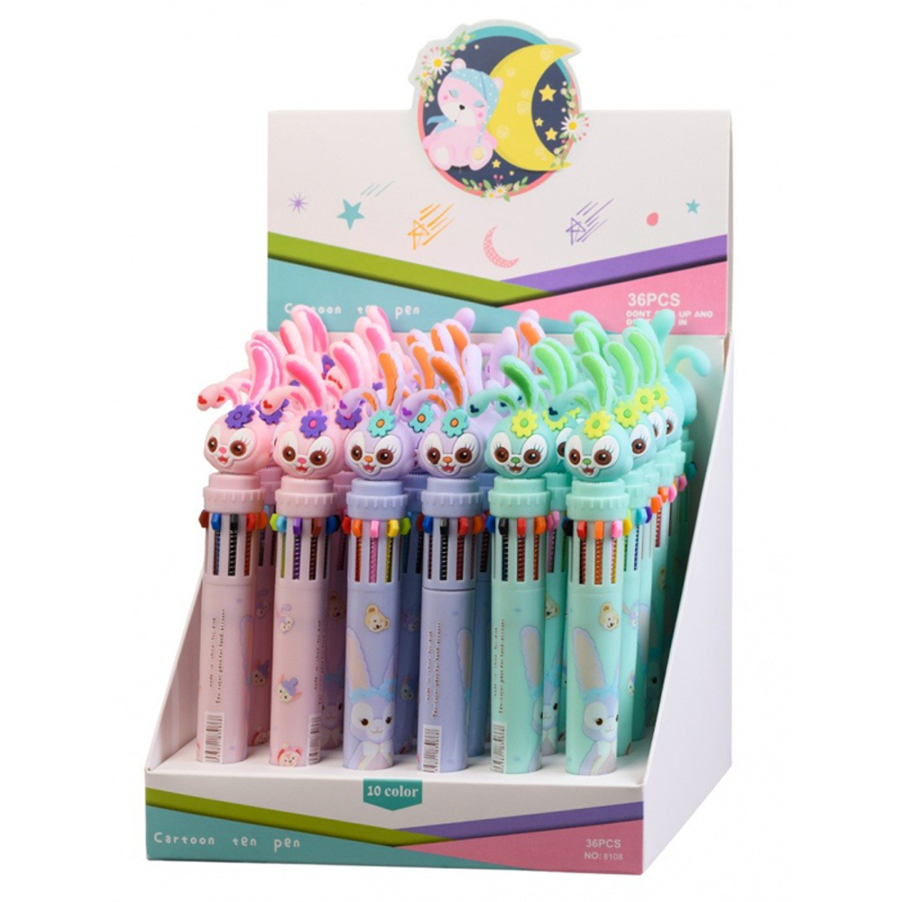 Ручка шариковая, автоматическая, 10в1, Basir, серия "Зайчата", 10-ти цветная, с резиновой фигуркой, 36 шт