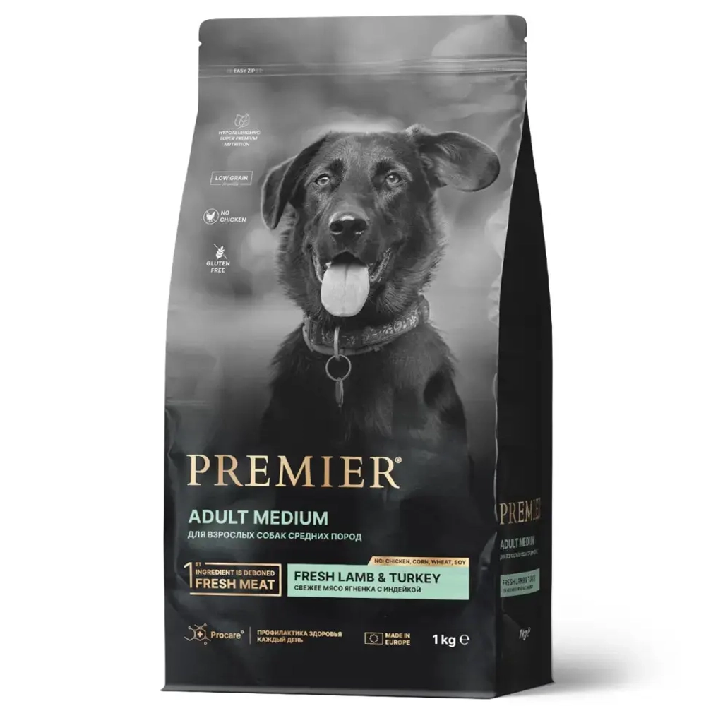 Premier dog lamb & turkey adult medium сухой корм для собак средних пород, свежее мясо ягненка с индейкой - 1 кг