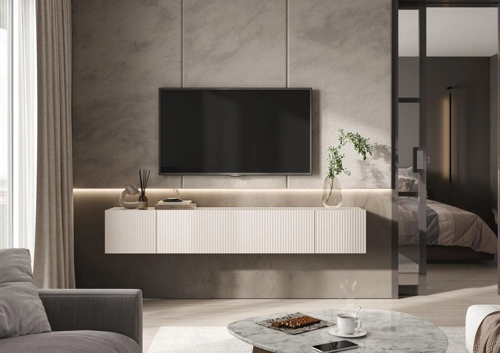 Тумба под телевизор подвесная Дуб крафт белый/Графит софт 200х35х33