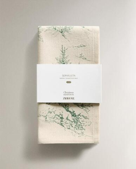 ZARA HOME НАБОР ЛЬНЯНЫХ РОЖДЕСТВЕНСКИХ САЛФЕТОК С ПРИНТОМ (2 ШТ.), ЗЕЛЕНЫЙ
