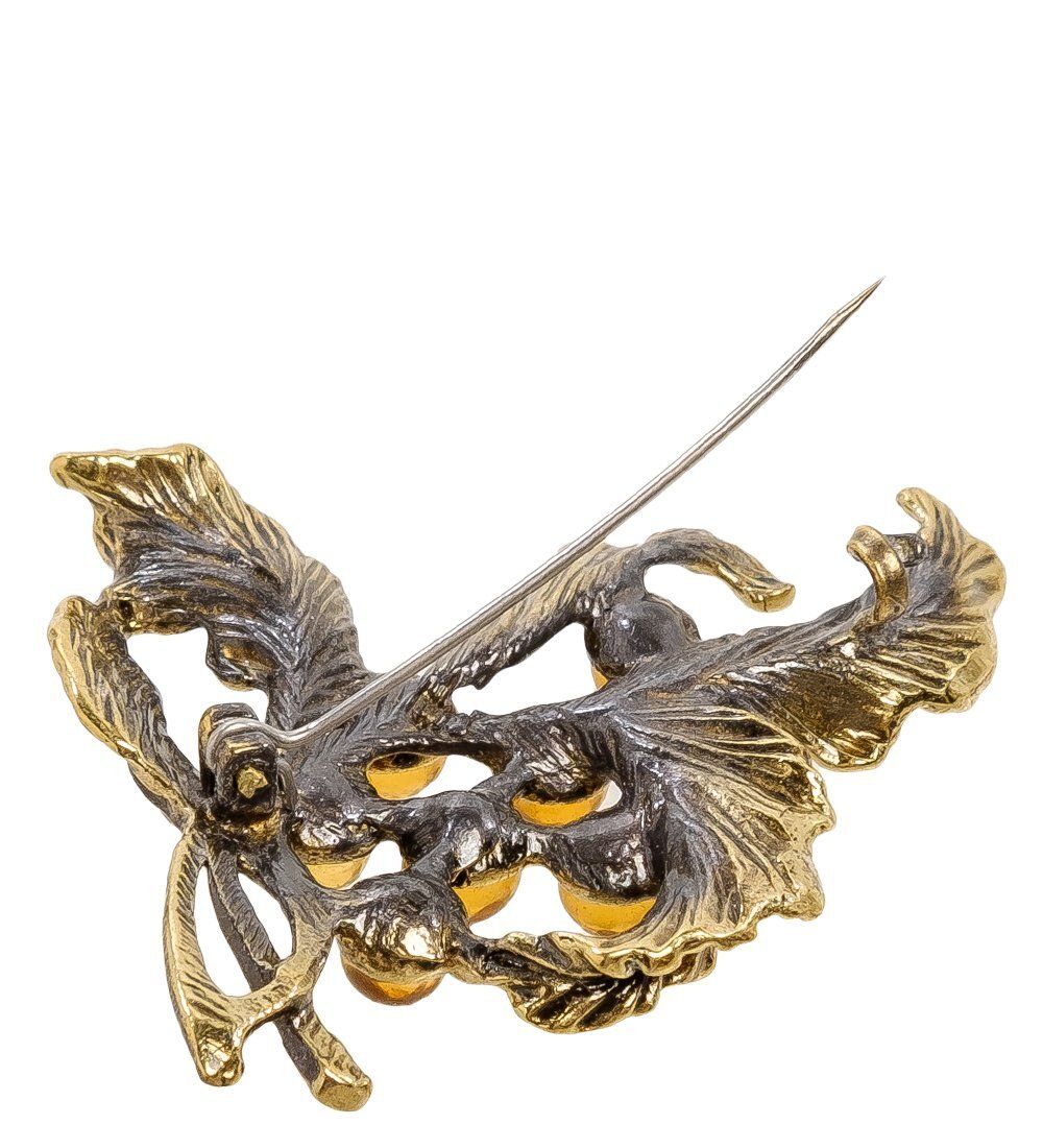 AM-2085 Брошь «Веточка Рябины» (латунь, янтарь)