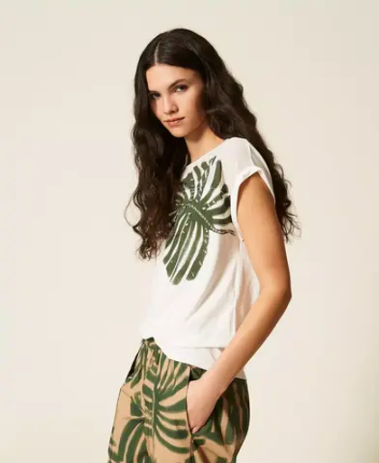 TWINSET Футболка с принтом, декорированная стразами