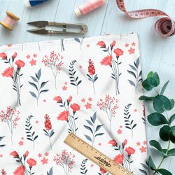 Ткань габардин коралловые цветы и листья на белом фоне