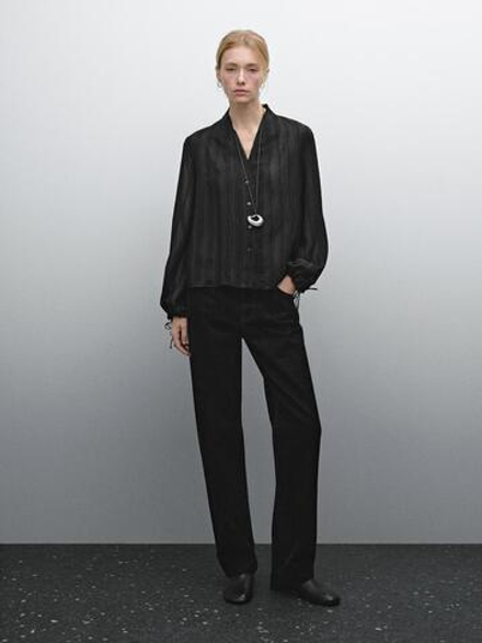 Massimo Dutti Атласная рубашка свободного кроя в полоску, черный