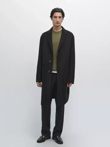 Massimo Dutti Длинное пальто из смесовой шерсти с воротником с лацканами, темно-серый