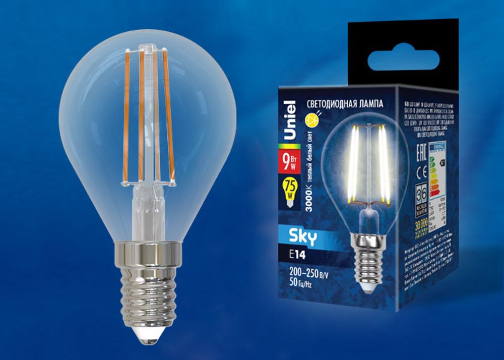 LED-G45-9W/3000K/E14/CL PLS02WH Лампа светодиодная. Форма шар, прозрачная. Серия Sky. Теплый белый свет (3000К). Картон. ТМ Uniel.
