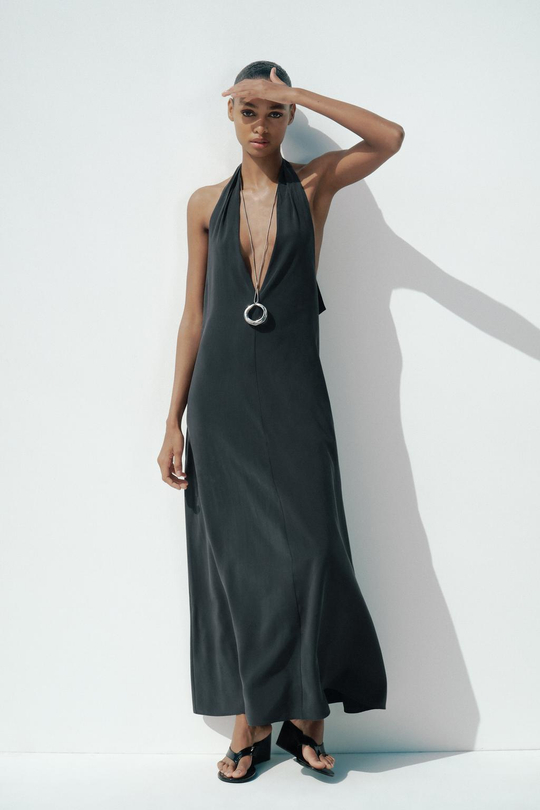 ZARA ПЛАТЬЕ МИДИ С ГОРЛОВИНОЙ ХАЛТЕР И ЗАВЯЗКАМИ, ЧЕРНЫЙ