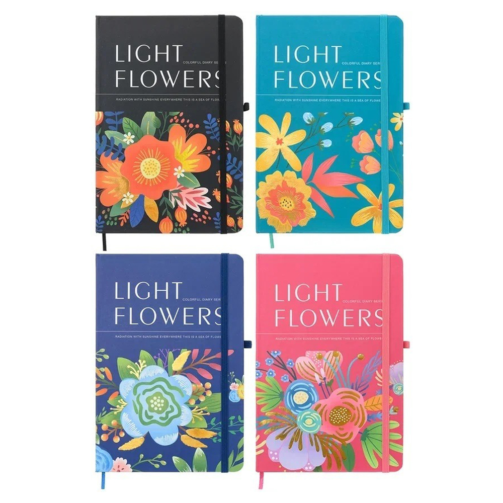 Записная книжка Basir на резинке, формат А5, серия "LIGHT FLOWER", рисунок -цветы, 21*14 см, 80 листов, 4 цвета ассорти
