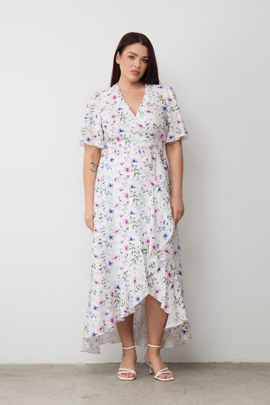 Платье на запах с воланами, цветочный принт
