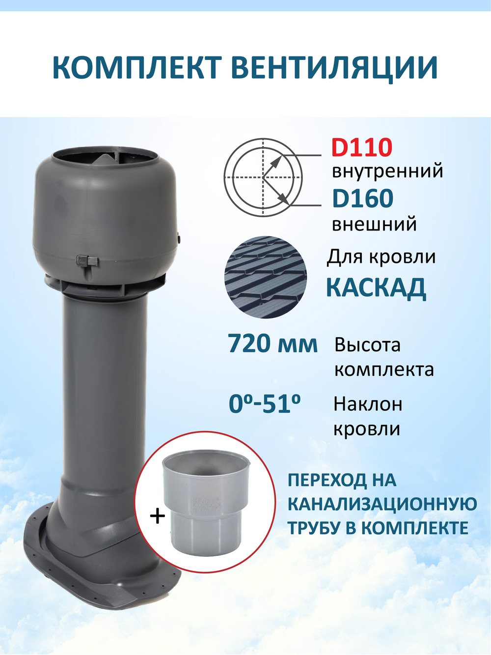 Вент. выход утепленный c колпаком D160 высотой Н-700 с переходом D110, для металлочерепицы Каскад