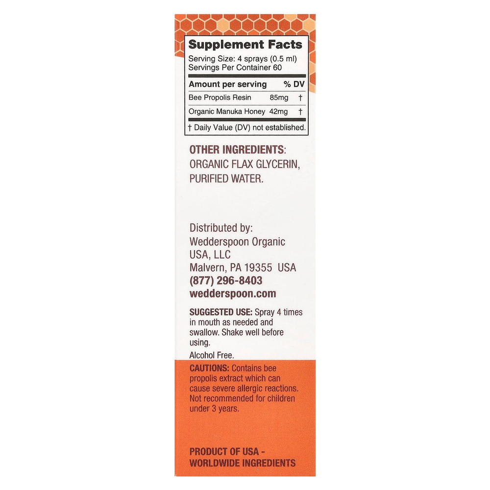 Wedderspoon, Спрей для горла с медом и прополисом Manuka, оригинальный мед, MGO 400+, 30 мл (1 жидк. унц.)