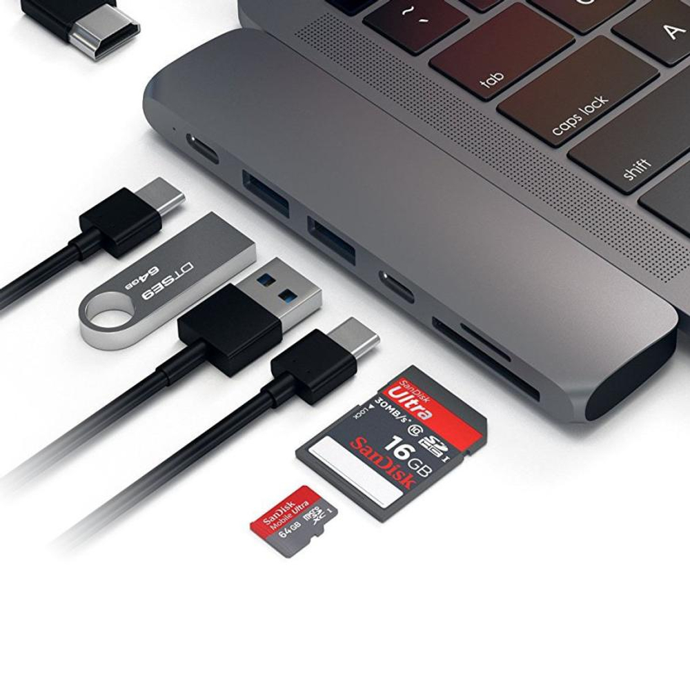 USB-Хаб Satechi Pro (USB-C) (ST-CMBP) Подключение: два коннектора USB-C. Порты: Thunderbolt 3, USB-C, 2 USB-A 3.2 Gen 1, microSD, SD, HDMI (до 4K 60 Гц)