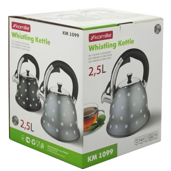 Чайник 2,5 л. из нержавеющей стали со свистком Kamille KM-1099 с рисунком "горошек"