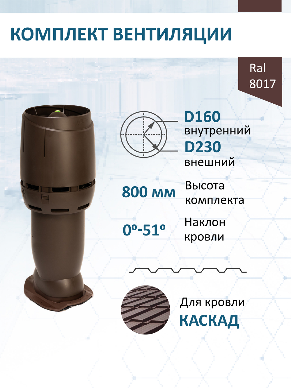 Комплект вентиляции: Вентиляционный выход изолированный Vilpe D160/225 утепленный высота H=500 мм, проходной элемент ТР-87/К для металлочерепицы Каскад, колпак Ø 230 мм, коричневый
