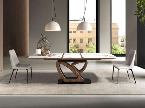 Раздвижной обеденный стол 1161 из керамики с мраморной отделкой и ореха