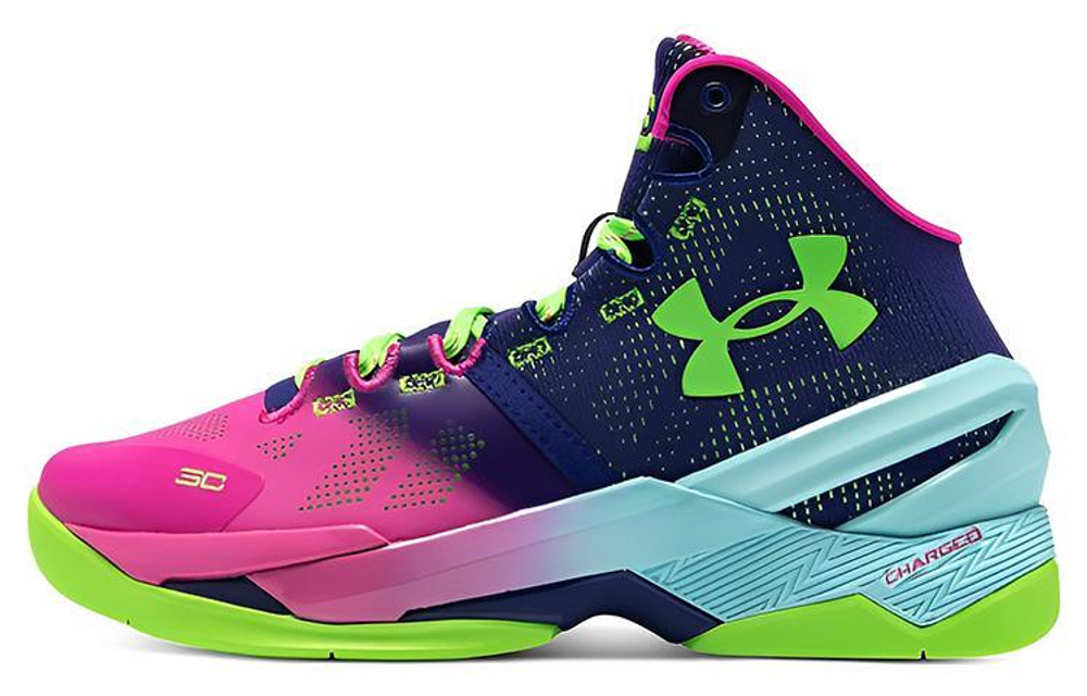 Under Armour Curry 2 "Northern Lights" round head lace-up mesh leather non-slip wear-resistant high-top basketball shoes men's pink purple blue