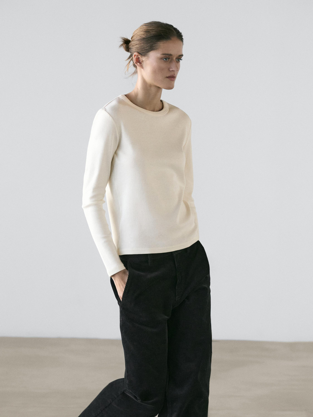 Massimo Dutti Меланжевая футболка в рубчик с длинными рукавами, натуральный/кремовый