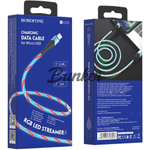 Кабель USB-micro-USB Borofone BU19,голубой металл штекер,1м,круглый RGB,2.4А
