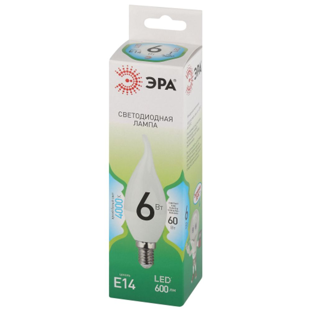 Лампа светодиодная ЭРА GREEN LINE LED BXS-6W-840-E14 GL 6Вт свеча на ветру яркий белый свет E14 | Лампы cветодиодные Свеча (B/C)