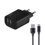 Сетевое зарядное устройство USB-A + USB-A, 12Вт, 2,4А, с кабелем USB-C, черный