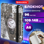 Блокнот с резинкой в клетку 96 л. малый ФОРМАТ А6 (109х148 мм) твердая обложка BRAUBERG "Часы" (6 штук в упаковке)