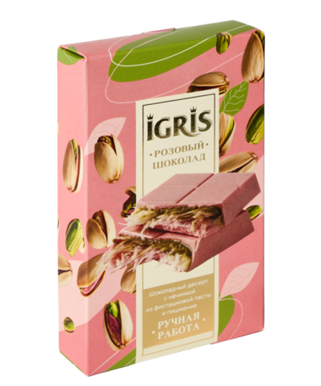 Шоколад розовый IGRIS с начинкой из фисташковой пасты и пишмание, 150г