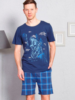 Трикотажный комплект с шортами в клетку (Размер: L) (Цвет: синий)