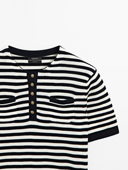 Massimo Dutti Свитер в полоску с короткими рукавами, темно-синий