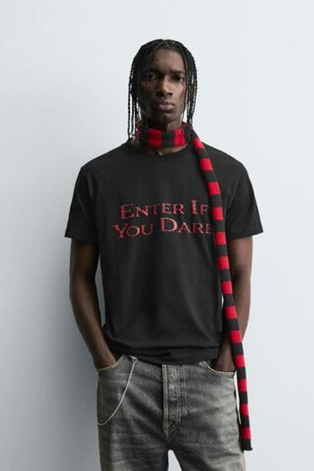 ZARA ФУТБОЛКА С НАДПИСЬЮ, ЧЕРНЫЙ