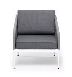 "Канны" кресло плетеное из роупа, каркас алюминий белый муар, роуп светло-серый круглый, ткань серая 017