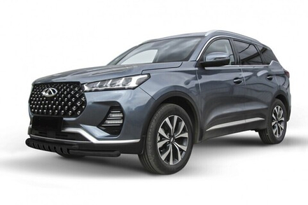Защита переднего бампера Chery Tiggo 7 Pro (2020-2023) d57+d42 (с декор элем) черная