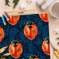 Ткань флис крупный божьи коровки на синем фоне с рисунком