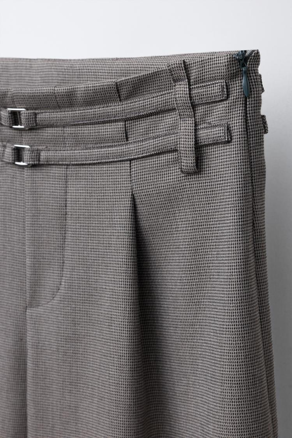 ZARA БРЮКИ WIDE LEG «ГУСИНАЯ ЛАПКА» С ДВОЙНЫМ РЕМНЕМ, СЕРО-КОРИЧНЕВЫЙ