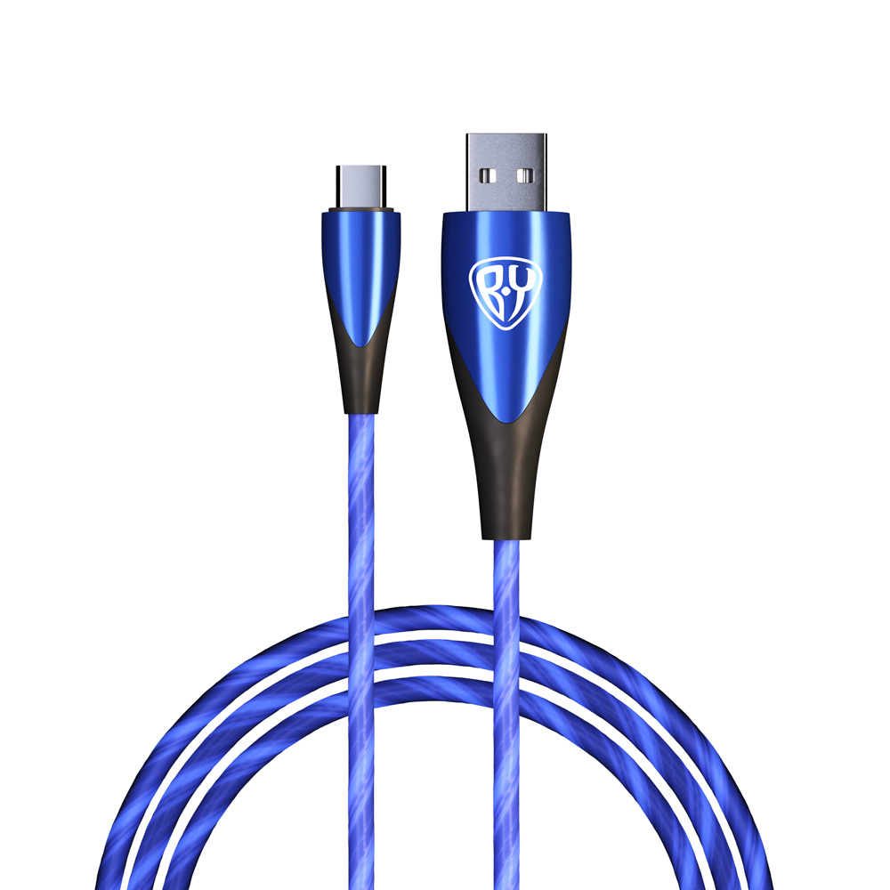 Шнур USB - Type-C  3,0Ам/1,0м синий светящийся, Быстрая зарядка Original GLITTER LIGHT 931205