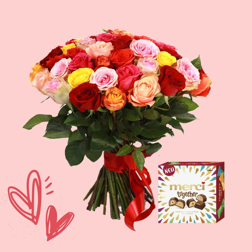 COMBO 51 Ecuadorian roses mixed-colors + box of Merci chocolates &quot;Together&quot;