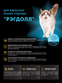 Корм сухой для взрослых кошек породы Рэгдолл, с лососем, 5 кг, QUATTRO