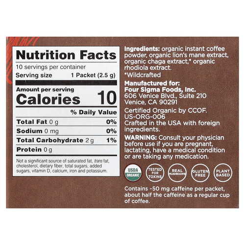 Four Sigmatic, Focus, растворимый органический кофе с ежовиком гребенчатым и грибами чага, средней обжарки, 10 пакетиков по 2,5 г (0,09 унции)