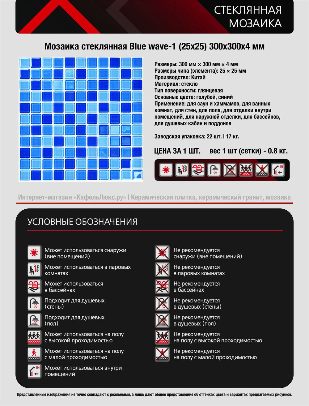 Мозаика стеклянная Blue wave-2/Голубая волна-2 (25х25) 300х300х4 мм (шт)