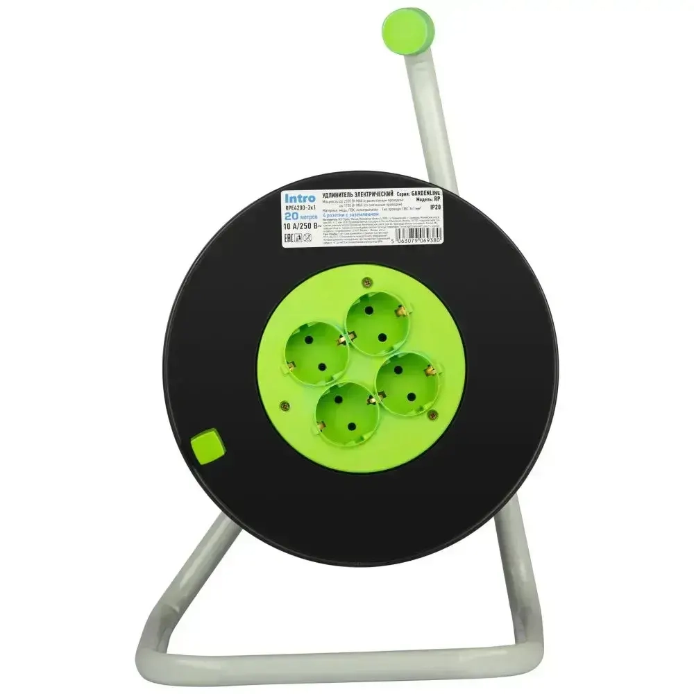 Удлинитель силовой на катушке Intro RPE4200 20м c заземлением 4 розетки ПВС 3х1мм, строительный садовый для газонокосилки и триммера