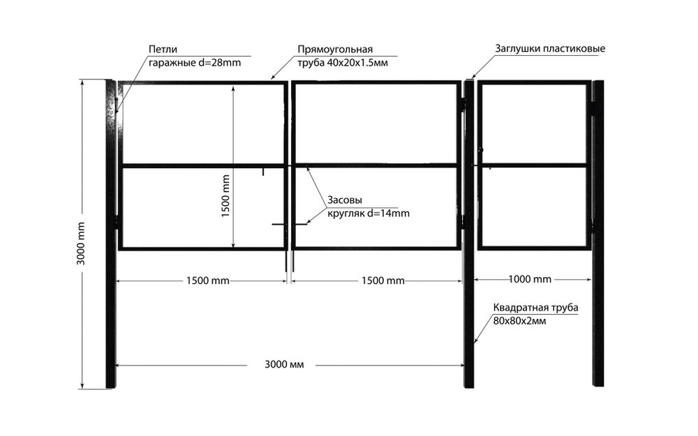 Входная группа (Ворота 3,0х1,5м распашные + калитка 1,0х1,5м), цвет зеленый (только каркас).